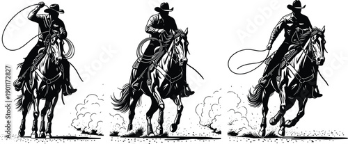  Cowboy riding horse illustration, western rodeo action scene with lasso, black and white vintage vector art for ranch, cowboy culture branding