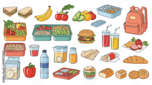 Extensive collection of diverse lunch and school items, including sandwiches, fresh fruits, meal prep containers, beverages, and tasty snacks, for healthy eating.