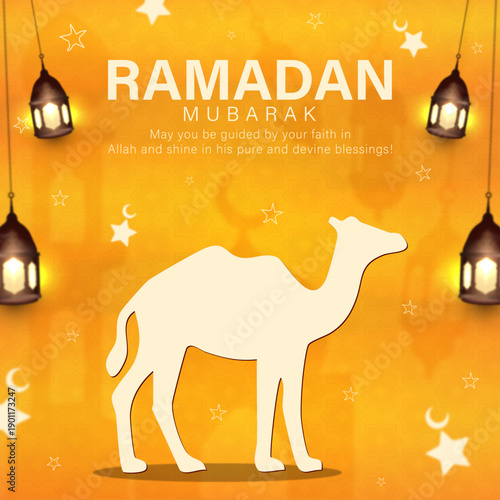 Ramadan Mubarak Islamic Background With Camel, Golden Ramadan Mubarak Greeting Card Design, Islamic Ramadan Background With Lanterns And Camel, Muslim Ramadan Mubarak Poster Desert Theme