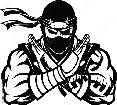  Powerful ninja warrior illustration, masked martial artist with crossed hands and muscular arms, bold black and white vector design for gaming logos