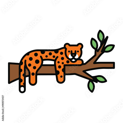Cartoon Leopard Resting on Tree Branch.