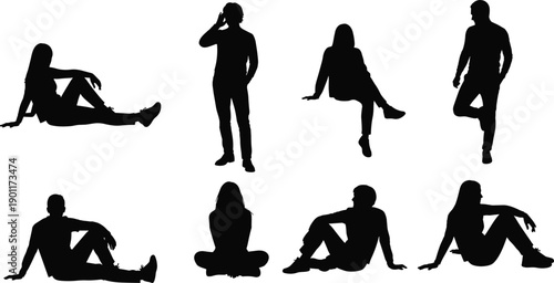  People sitting and standing silhouette poses illustration, casual male and female body postures collection, modern lifestyle vector set for design, posters, and creative projects
