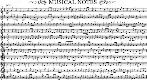  Classical musical notes sheet illustration, detailed staff notation with treble clef symbols, vintage music manuscript background vector design for education, composition
