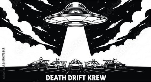  Alien invasion racing illustration, UFO abducting street racers with skull drivers, sci fi drift cars scene, dark futuristic vector art, monochrome design