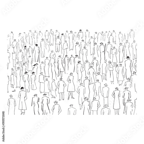 Crowd of people standing line art sketch