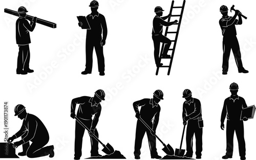  Construction worker silhouettes collection, professional builders performing manual labor with tools, ladder and documents, industrial safety workforce concept, black vector illustration