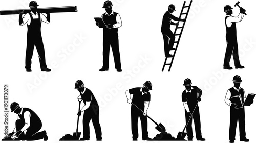  Construction worker silhouettes set, professional builders performing various tasks with tools, ladder and documents, industrial labor concept, black vector illustration