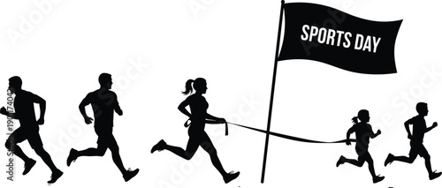 Sports day running race silhouette illustration, athletes and children sprinting toward finish flag, school competition event, teamwork and fitness concept, black white vector