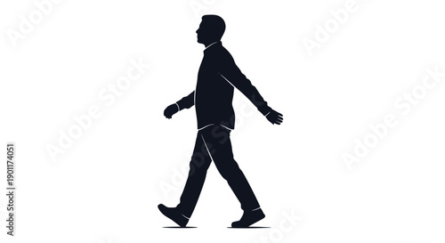 Silhouette of a man walking confidently with his arms swinging, captured in a side profile against a clean white background.