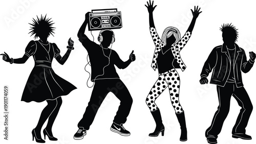  Retro 80s dance party silhouette illustration, energetic people dancing with boombox and headphones, disco music celebration, vintage fashion style, black and white vector