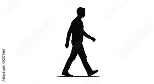 Silhouette of a man walking confidently from left to right against a plain white background, showcasing a dynamic stride.