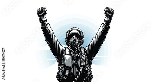 A pilot in a flight suit and helmet with arms raised in victory against a sky background.