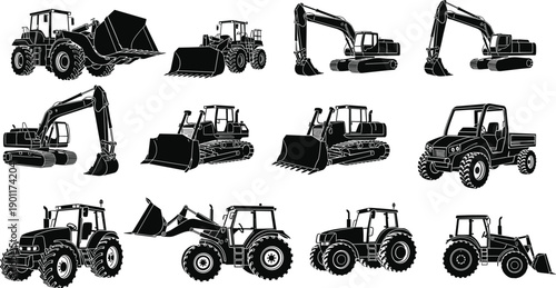 Black and White Vector Silhouette Set of Heavy Construction Machinery Equipment Excavators Bulldozers Industrial Tractors and Farm Agricultural Loader Vehicles