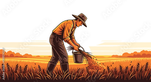 A farmer in a hat and suspenders sows seeds in a golden wheat field at sunset.