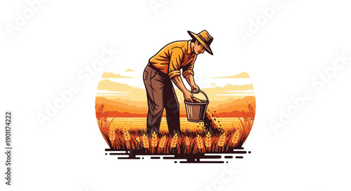 Farmer sowing seeds in a golden wheat field at sunset, symbolizing agriculture and the harvest season.
