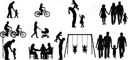  Family daily life silhouettes illustration, parents and children activities together, happy family moments, parenting lifestyle scenes, black and white vector collection