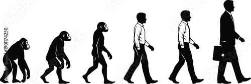  Human evolution silhouette illustration, ape to modern businessman walking progression, evolution concept timeline, Darwin theory visual, black and white vector design