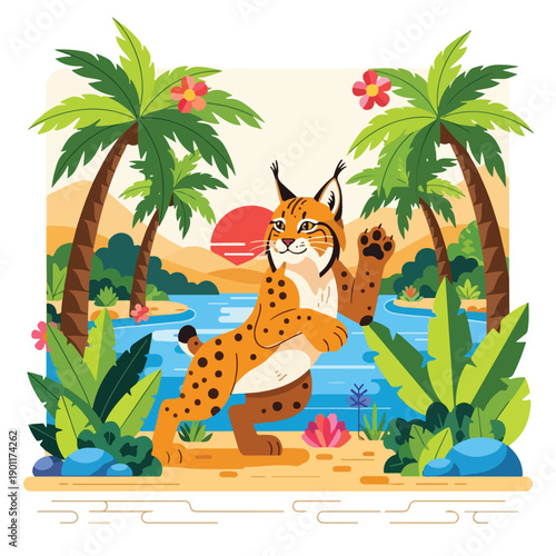 Cartoon Leopard Standing Near Palm Trees Illustration.
