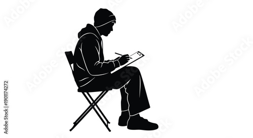 Silhouette of a person wearing a beanie and hoodie, sitting on a folding chair and drawing on a clipboard.