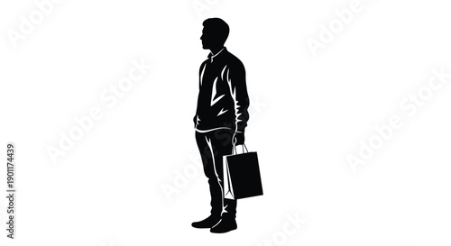 Silhouette of a man standing with a shopping bag, isolated on a white background.