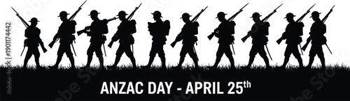  ANZAC Day soldiers marching silhouette illustration, April 25 remembrance tribute, black and white vector design honoring military service, sacrifice, history, national memorial commemoration use