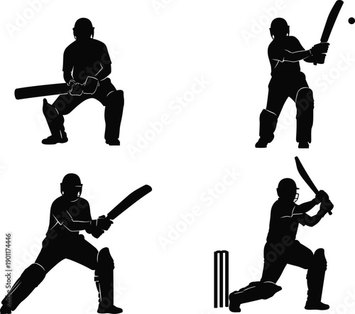  Cricket batsman silhouettes illustration set, batting action poses collection, black and white vector design for sports graphics, training materials, tournament branding use