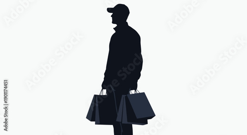Silhouette of a person wearing a cap, holding two shopping bags in each hand, against a white background.