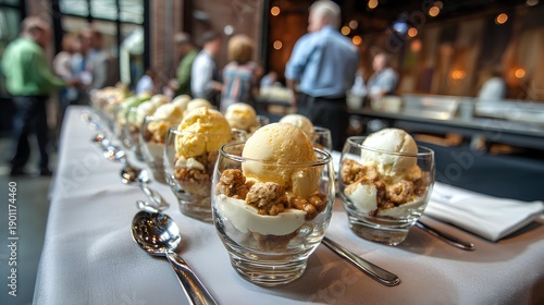Dessert Buffet Delights: An array of artfully arranged ice cream parfaits beckons, each a miniature masterpiece. Guests gather around the table.
