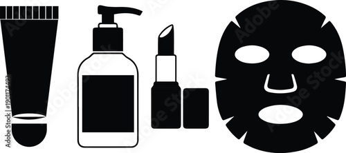 black and white vector icons set of cosmetic products for skincare and makeup