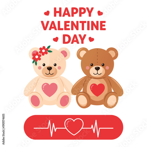 Teddy bear couple sitting with heartbeat line art