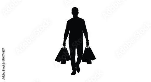Silhouette of a man walking with multiple shopping bags in each hand against a white background.
