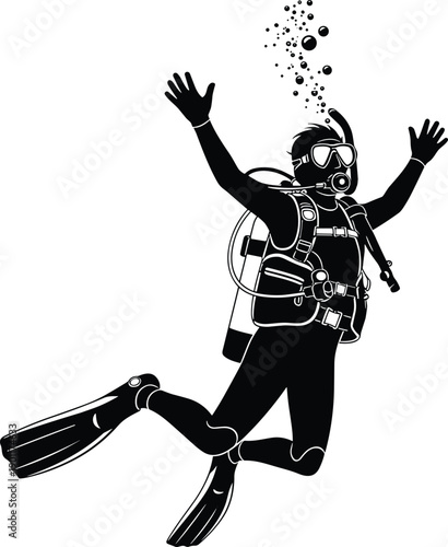 Scuba diver underwater silhouette illustration, recreational diving pose with oxygen tank, black and white vector design for marine sports, adventure, ocean graphics use