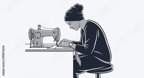 A person wearing a beanie and long sleeves is focused on sewing with a sewing machine at a table.