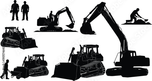 Black Construction Machinery Silhouettes Set Featuring Excavators Bulldozers and Workers Operating Heavy Equipment on Industrial Building Site Vector Illustration Assets
