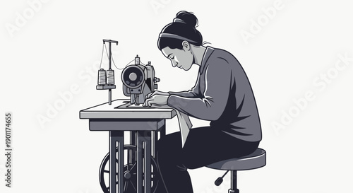 A woman diligently sewing on a vintage sewing machine, focused on her craft.