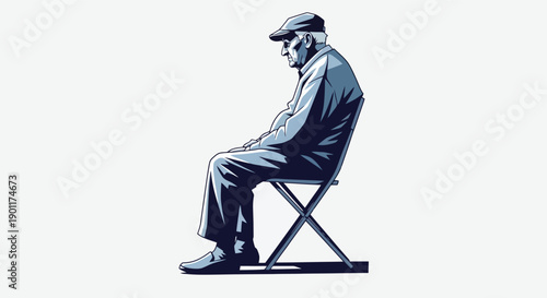 An elderly man wearing a cap and jacket sits alone on a folding chair, his posture suggesting contemplation or weariness.