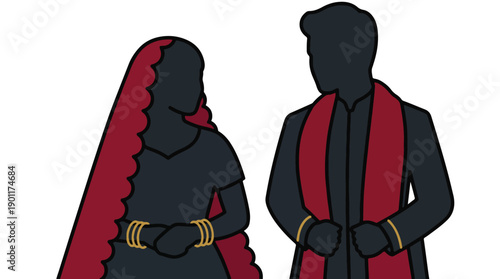 A bride and groom shown as dark silhouettes wear traditional wedding clothing with rich red veil and scarf accents in a bold flat vector style.