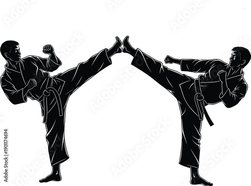  Martial arts fighters kicking illustration, karate and taekwondo sparring pose, black and white vector design for combat sports, training graphics, fitness branding use