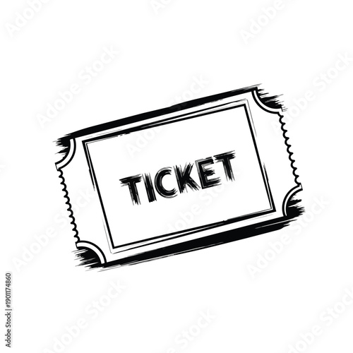 Retro style black and white graphic illustration of a single ticket with the word ticket printed in bold sans serif font isolated on a clean white background representing entry