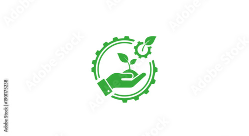 Hand holding plant inside cogwheel emblem.