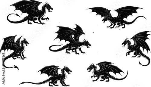  Fantasy dragon silhouettes illustration set, flying and standing mythical creatures, black and white vector designs for games, logos, tattoos, medieval fantasy artwork use