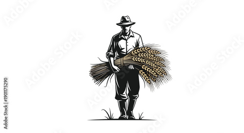 A farmer in overalls and a hat bending down to lift a metal bucket from the ground in a simple illustration.