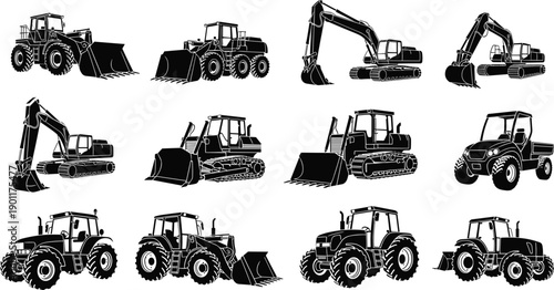 Black silhouette heavy equipment construction machinery set with excavators tractors bulldozers and loaders icons isolated on white background for industrial design