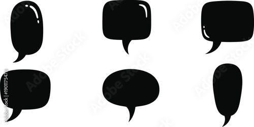 Collection of six black speech bubbles on a white background