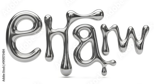 Viscous metallic characters flow and drip against a bright white background