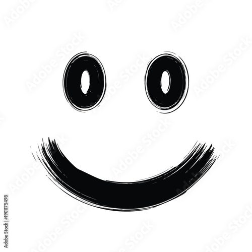 Expressive black ink brush stroke smiley face icon with wide open eyes and a broad smile conveying joy and happiness rendered in a minimalist artistic style against a clean white