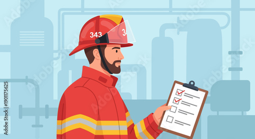 Firefighter in Red Uniform Wearing Helmet Holding Checklists in Industrial Environment