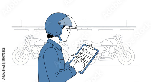 Motorcycle safety inspector checking rider checklist on digital clipboard in service zone