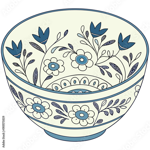 Minimal hand-drawn ceramic bowl with blue floral patterns,