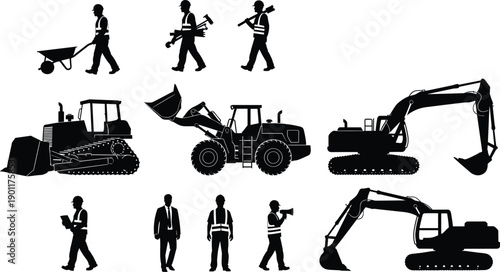 Professional Construction Site Silhouettes Featuring Workers Engineers Heavy Machinery Excavators Bulldozers and Industrial Equipment for Civil Engineering and Building Projects